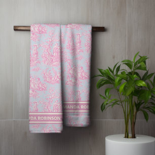 Vintage blue pink toile de jouy printed bath towel set