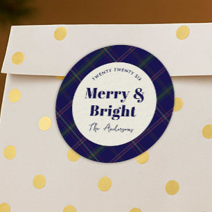 Vintage Blue Plaid Modern Merry & Bright Christmas Classic Round Sticker