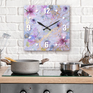 Vintage blue purple floral watercolor romantic square wall clock