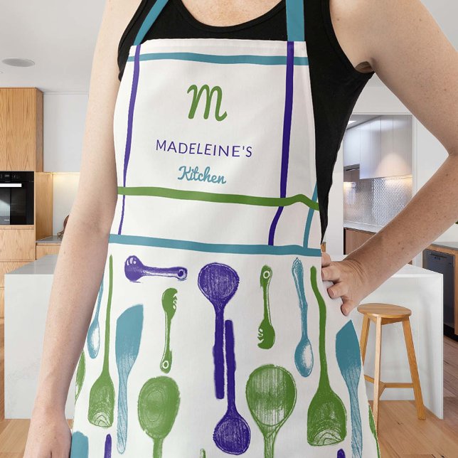 Vintage Blue Purple Kitchen Spoons Monogram Gift Apron (vintage apron personalized gift mom grandma hostess christmas thanksgiving birthday spoon blue green)