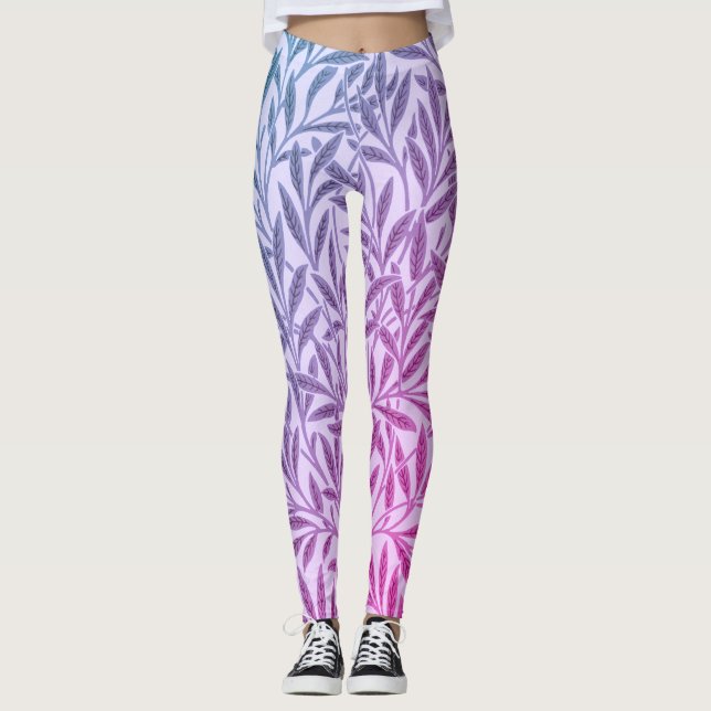 Vintage Blue Purple Willow Leaves Botanical Leggings (Front)