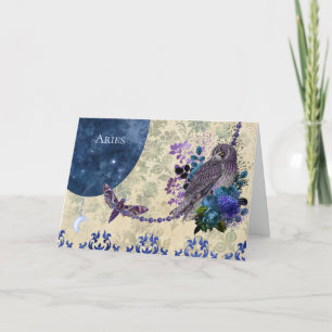 Vintage Blue Purple Zodiac Aries Birthday Card