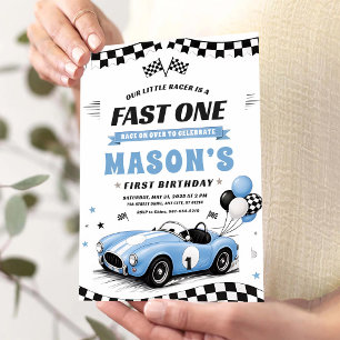 Vintage Blue Race Car 1st Birthday Invitation