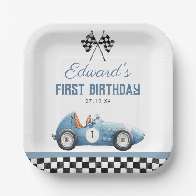 Vintage Blue Race Car 1st Birthday Paper Plate (Front)