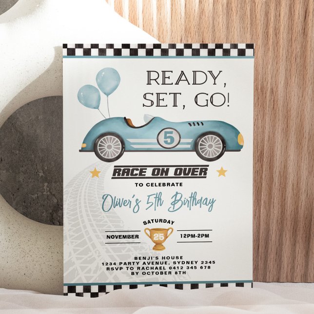 Vintage Blue Race Car Boy Birthday Party Invitation (Creator Uploaded)