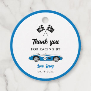Vintage Blue Race Car Thank You Birthday Favour Tags