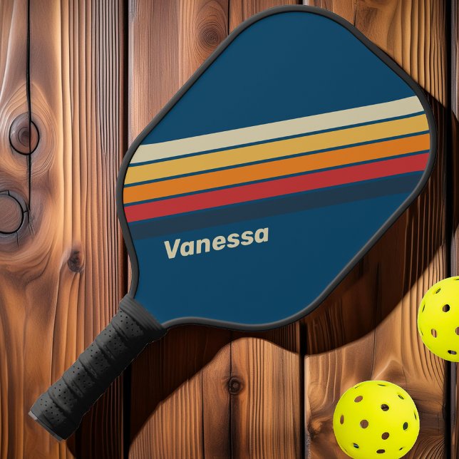 Vintage Blue Rainbow Striped with Name Pickleball Paddle (Creator Uploaded)