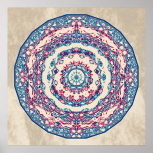 Vintage Blue Red Abstract Mandala Art Design Poster