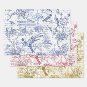 Vintage Blue Red Birds Flowers French Script  Wrapping Paper Sheet