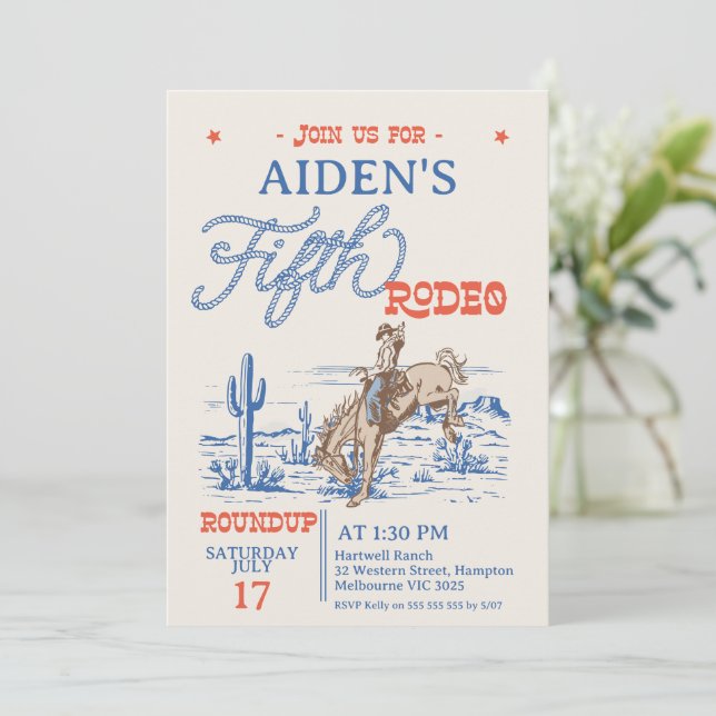 Vintage Blue Red Bronco Rodeo 5th Birthday Invitation (Standing Front)