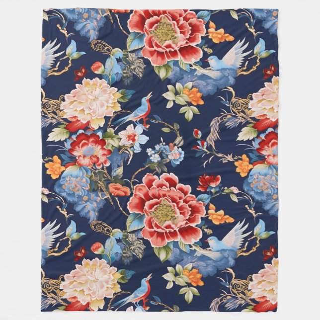 Vintage blue red chinoiserie floral fleece blanket (Front)