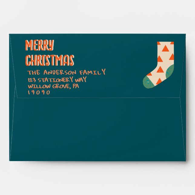 Vintage Blue Red Merry Christmas Winter Sock Envelope (Back (Top Flap))