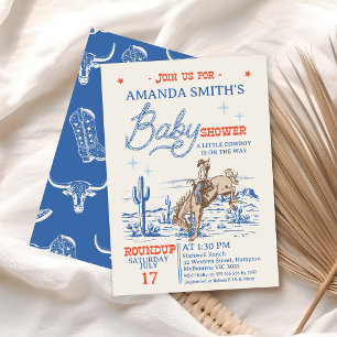 Vintage Blue Red Rodeo Cowboy Baby Shower Invitation