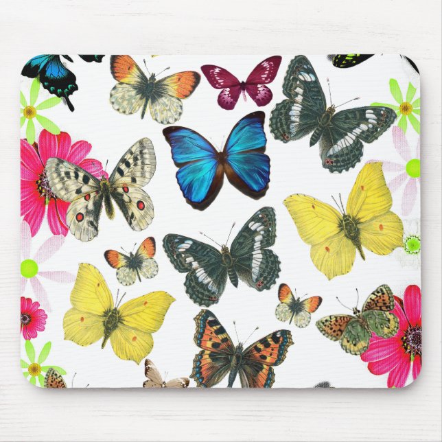 Vintage Blue Red Yellow Colourful Butterflies Mouse Pad (Front)