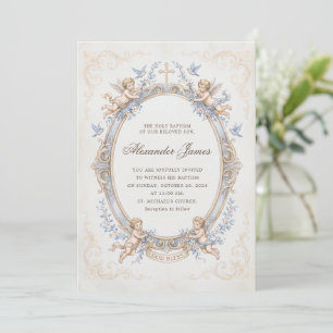 Vintage Blue Renaissance Cherub Baptism Invitation