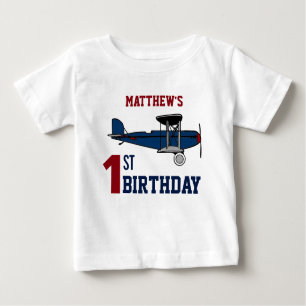 Vintage Blue Retro Aeroplane 1st Birthday Party Baby T-Shirt
