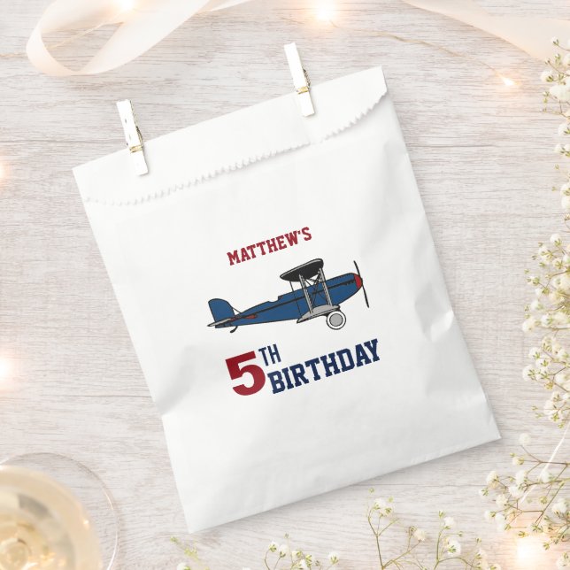 Vintage Blue Retro Aeroplane Birthday Party Favour Bags (Clipped)