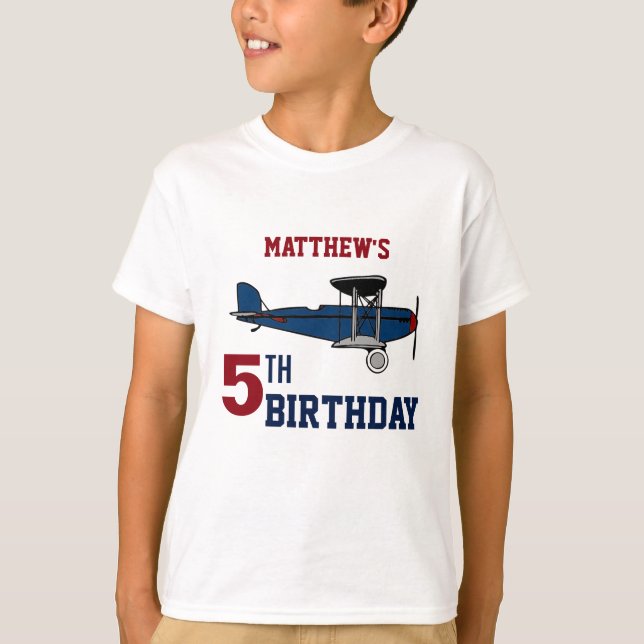 Vintage Blue Retro Aeroplane Birthday Party T-Shirt (Front)