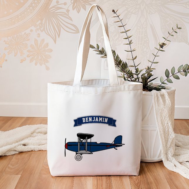 Vintage Blue Retro Aeroplane Kids Tote Bag (Creator Uploaded)