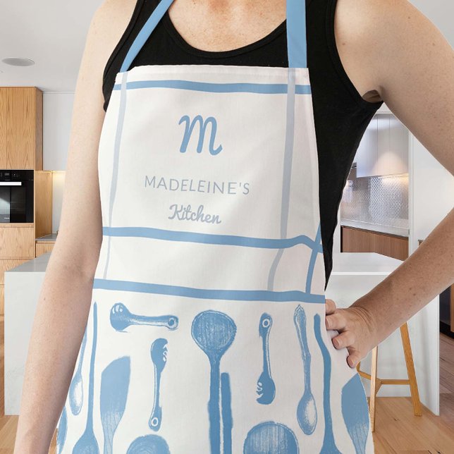 Vintage Blue Retro Kitchen Spoons Monogram Gift Apron (vintage apron personalized gift mom grandma hostess bride thanksgiving christmas birthday retro blue)