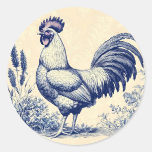 Vintage Blue Rooster in a Floral Garden Classic Round Sticker