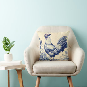 Vintage Blue Rooster in a Floral Garden Cushion