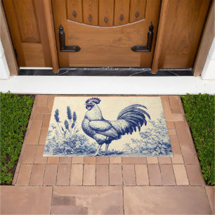Vintage Blue Rooster in a Floral Garden Doormat