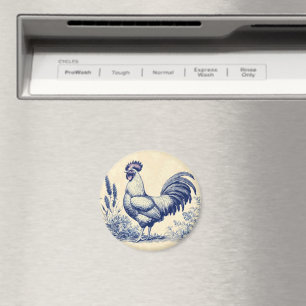 Vintage Blue Rooster in a Floral Garden Magnet