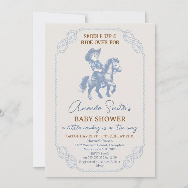 Vintage Blue Rope Frame Cowboy Baby Shower Invitation (Front)