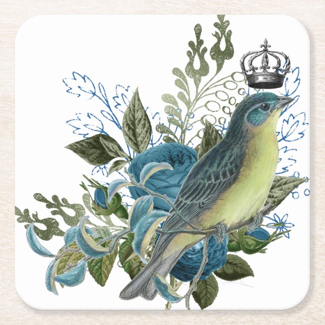 Vintage Blue Rose & Bird Square Paper Coaster (Front)