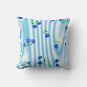 Vintage Blue Rose Cottage Chic Seersucker Striped Cushion