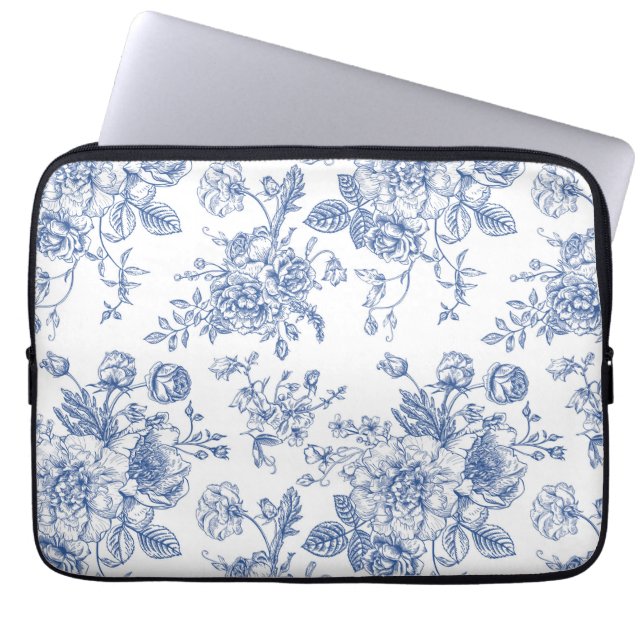 Vintage Blue Rose Floral Pattern Laptop Sleeve (Front)