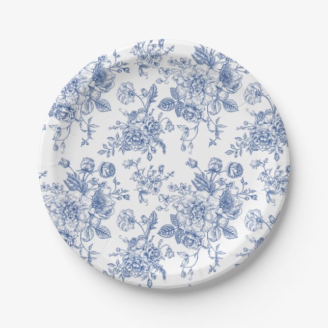 Vintage Blue Rose Floral Pattern Paper Plate (Front)