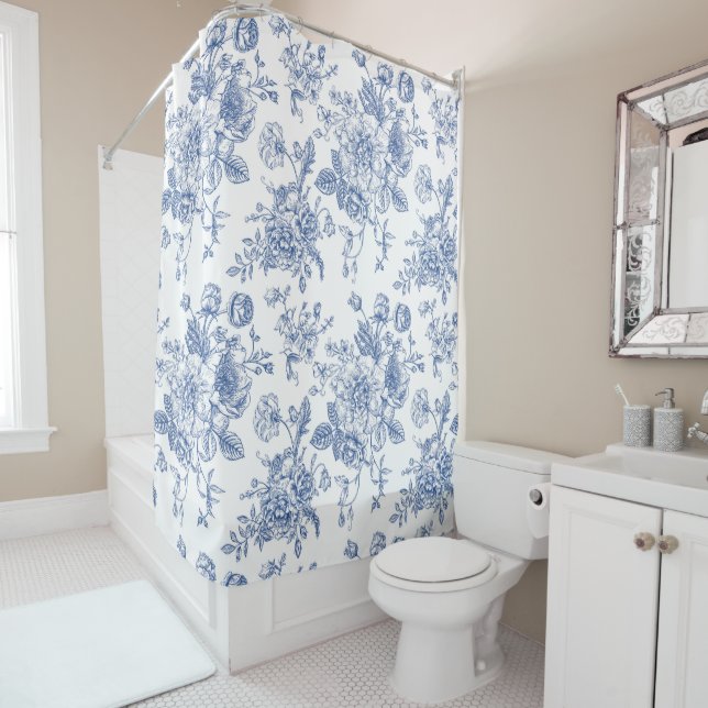 Vintage Blue Rose Floral Pattern Shower Curtain (In Situ)