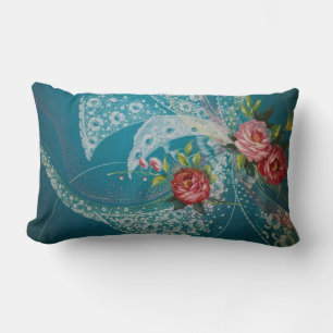 Vintage Blue Roses and Lace Floral Lumbar Cushion