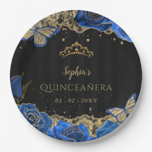 Vintage Blue Roses Black Gold Lace Quinceañera Paper Plate