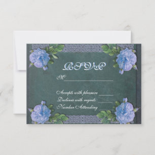 Vintage blue roses chalkboard RSVP card