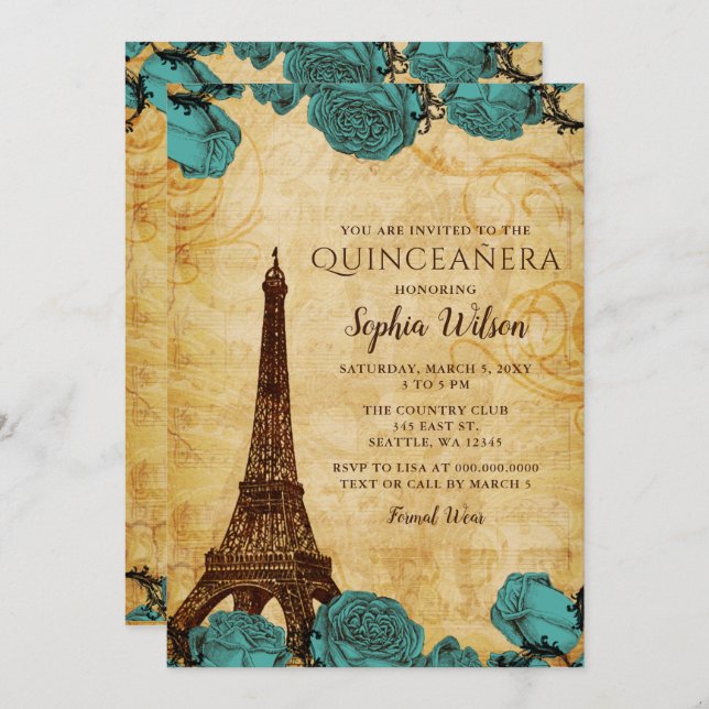 Vintage Blue Roses Eiffel Tower Quinceañera   Invitation (Front/Back)