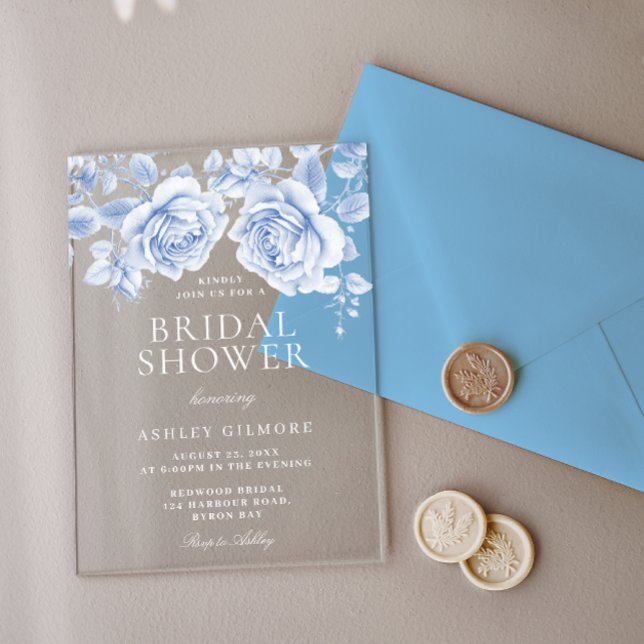 Vintage Blue Roses Elegant Bridal Shower Acrylic Invitations (Creator Uploaded)