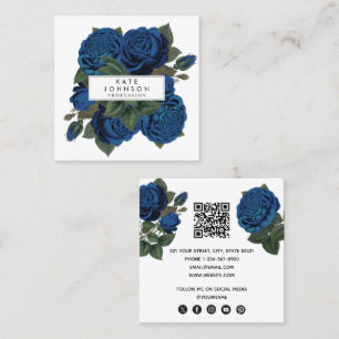 Vintage Blue Roses Floral Flowers QR Code Square Business Card