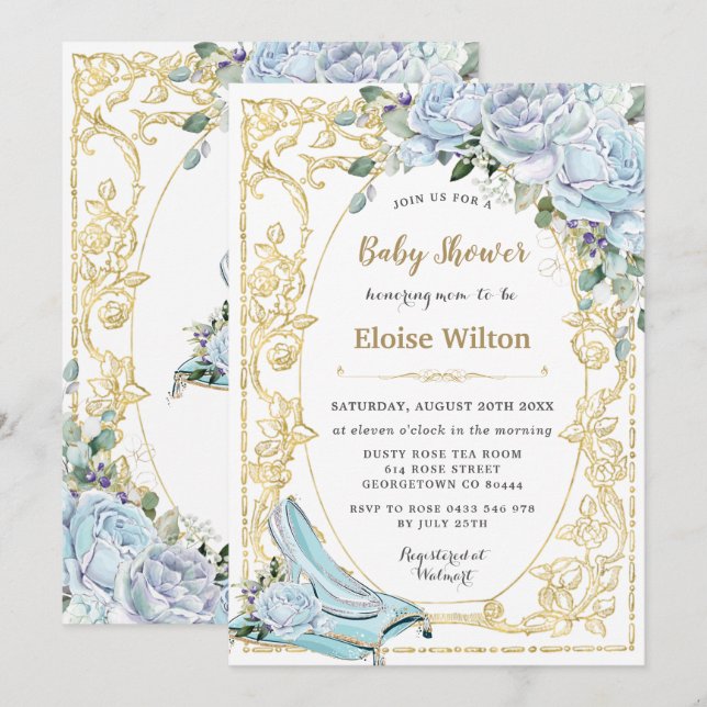 Vintage Blue Roses Gold Princess Baby Shower Invitation (Front/Back)