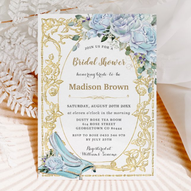 Vintage Blue Roses Gold Princess Bridal Shower Invitation (baby blue french roses vintage gold cinderella shoe princess fairytale bridal shower invitation card)
