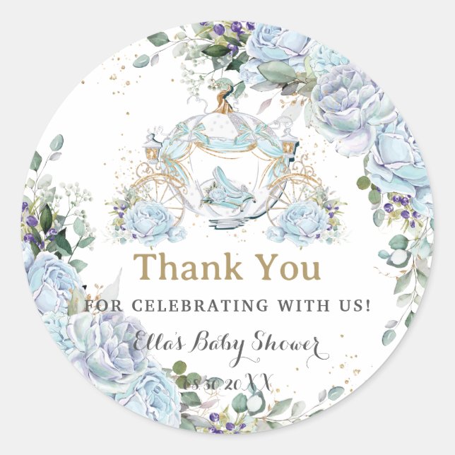 Vintage Blue Roses Princess Coach Baby Shower Classic Round Sticker (Front)