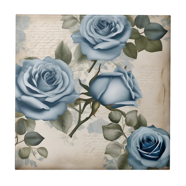 Vintage Blue Roses Shabby Tile (Front)