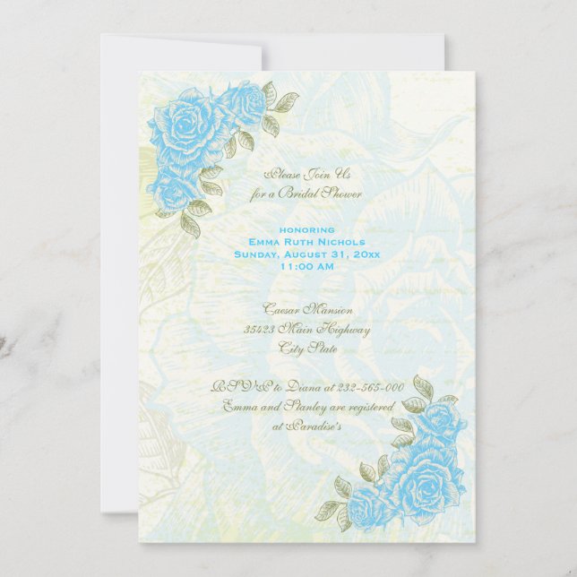 Vintage blue roses wedding bridal shower invite (Front)