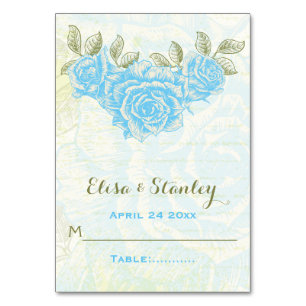 Vintage blue roses wedding folded escort card