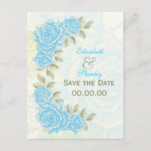 Vintage blue roses wedding Save the Date postcard