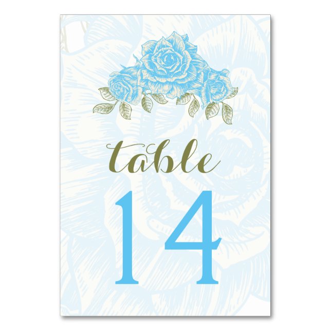 Vintage blue roses wedding table number card (Front)
