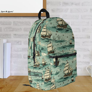 Vintage Blue Rough Sails Ship Blue Watercolor  Printed Backpack