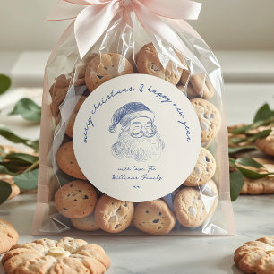 Vintage Blue Santa Christmas Personalised Favour Classic Round Sticker